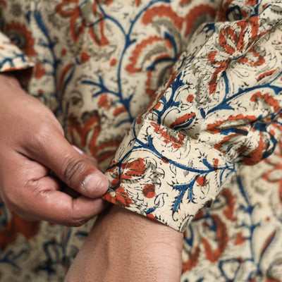Beige - Kalamkari Block Printed Cotton Men Long Kurta