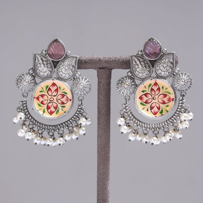 Antique Silver Finish Oxidised Brass Base Enamel & Stone Work Earrings