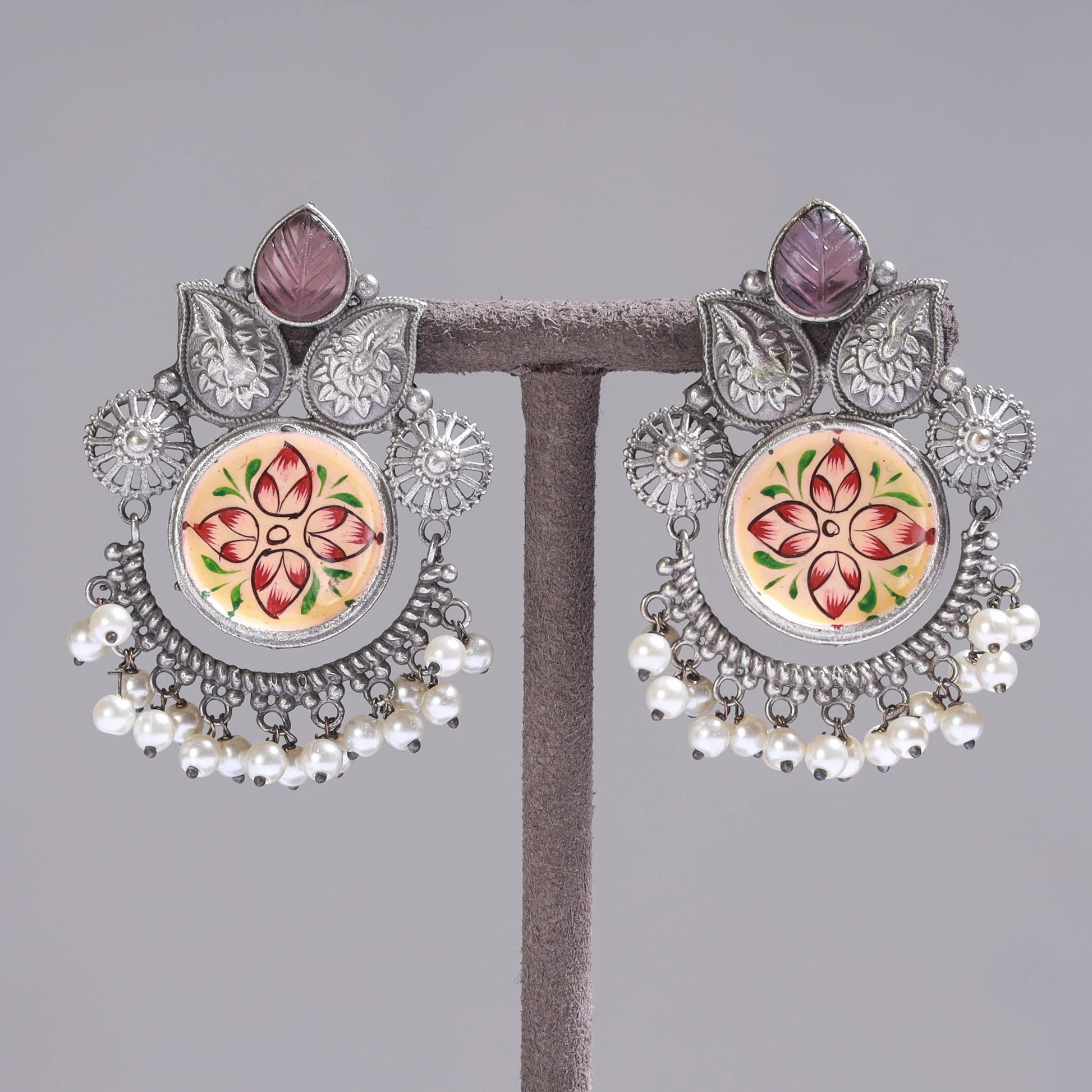 Antique Silver Finish Oxidised Brass Base Enamel & Stone Work Earrings