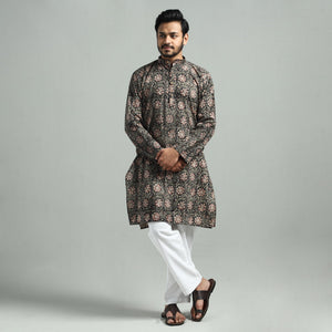 Black - Kalamkari Block Printed Cotton Men Long Kurta