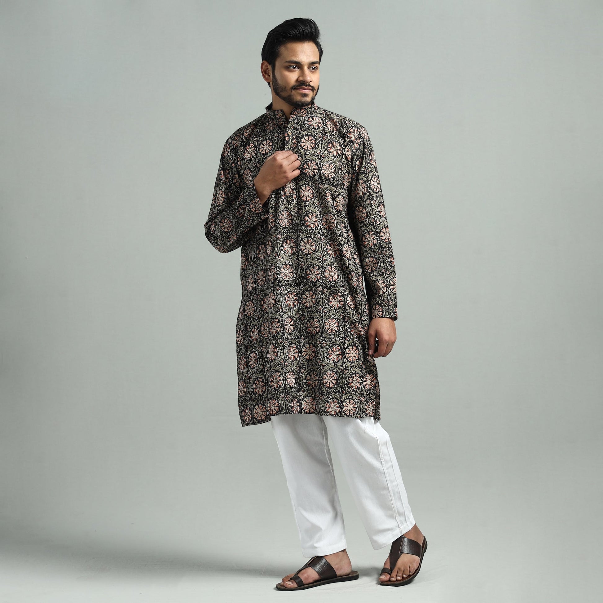 Black - Kalamkari Block Printed Cotton Men Long Kurta