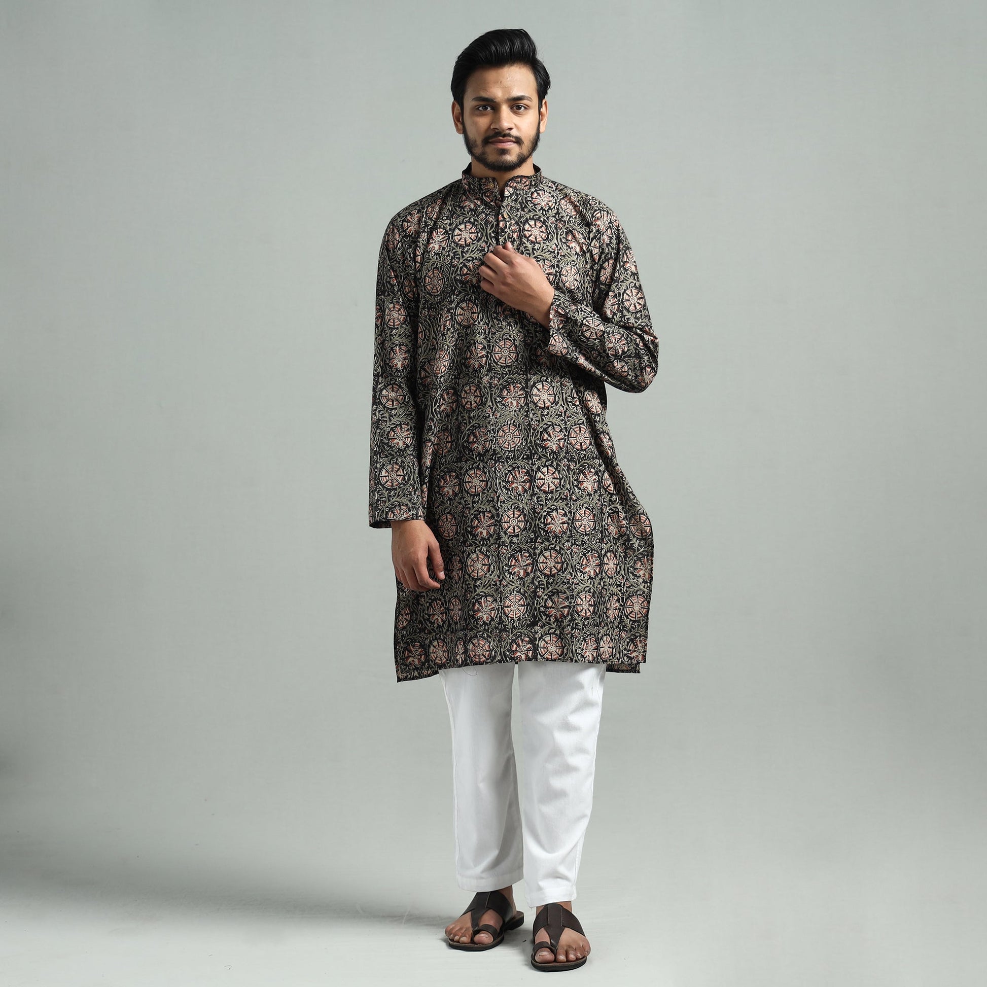 Black - Kalamkari Block Printed Cotton Men Long Kurta