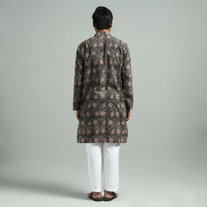 Black - Kalamkari Block Printed Cotton Men Long Kurta