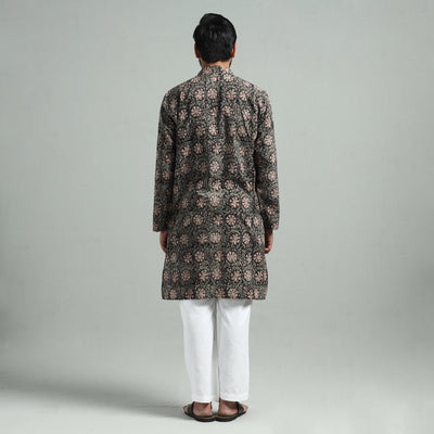 Black - Kalamkari Block Printed Cotton Men Long Kurta