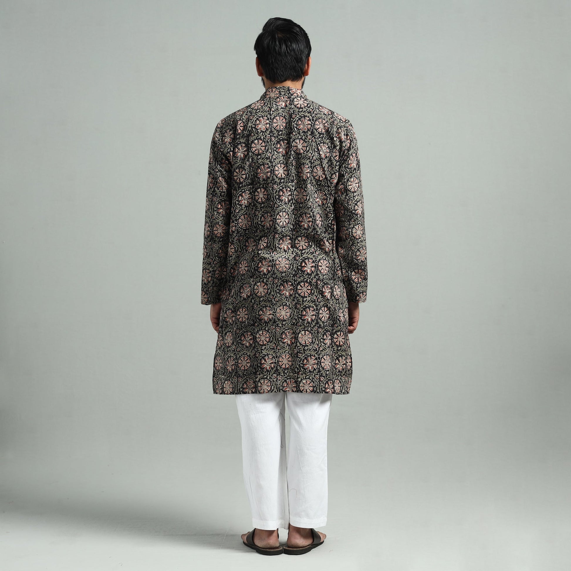 Black - Kalamkari Block Printed Cotton Men Long Kurta