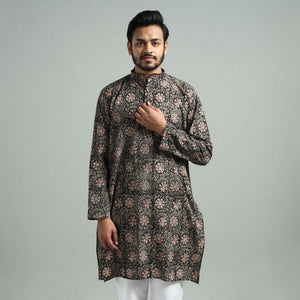 Black - Kalamkari Block Printed Cotton Men Long Kurta