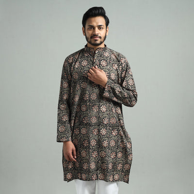 Black - Kalamkari Block Printed Cotton Men Long Kurta