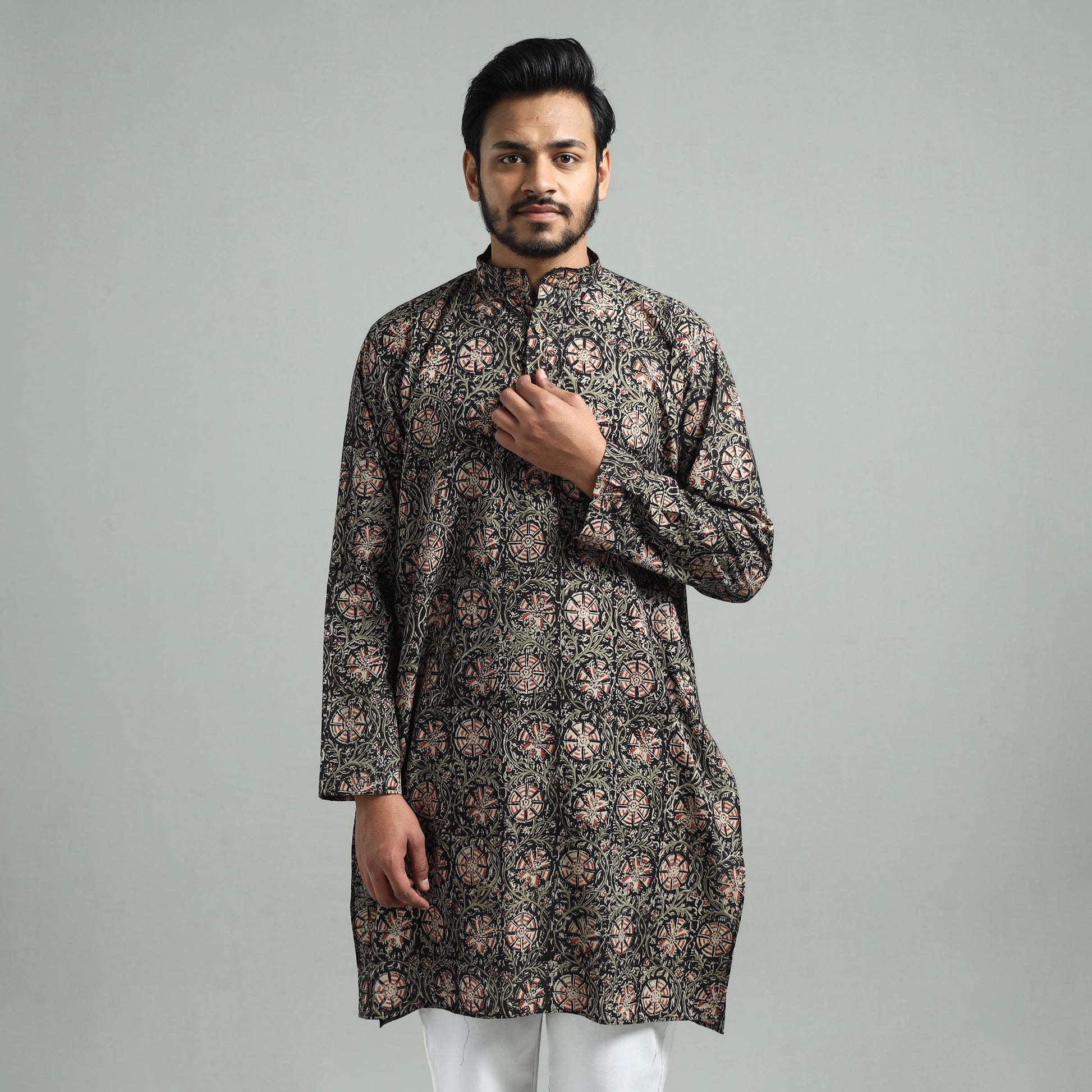 Black - Kalamkari Block Printed Cotton Men Long Kurta