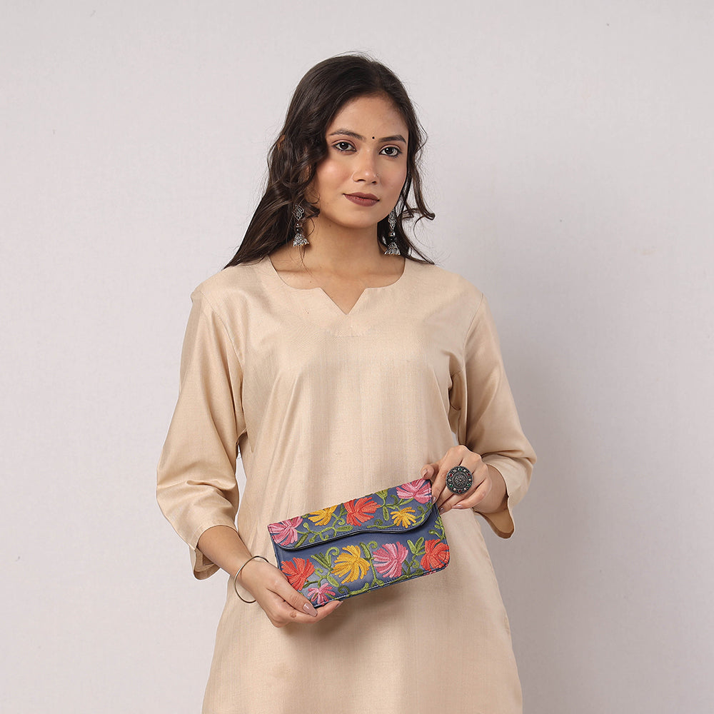 Blue - Chain Stitch Crewel Hand Embroidery Leather Wallet