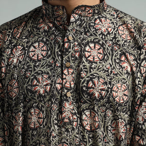 Black - Kalamkari Block Printed Cotton Men Long Kurta