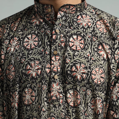 Black - Kalamkari Block Printed Cotton Men Long Kurta