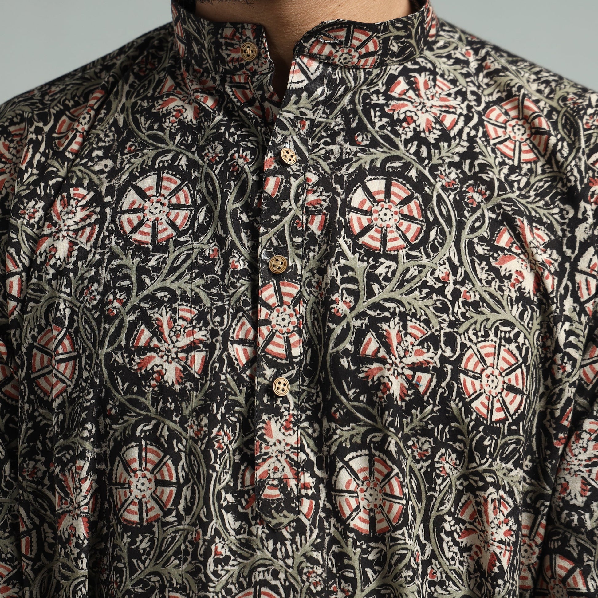 Black - Kalamkari Block Printed Cotton Men Long Kurta