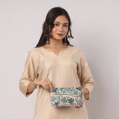 Beige - Chain Stitch Crewel Hand Embroidery Leather Wallet