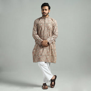 Beige - Kalamkari Block Printed Cotton Men Long Kurta