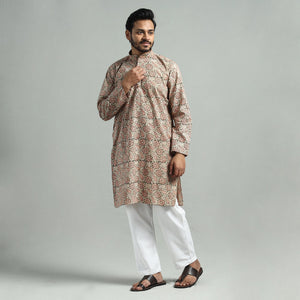 Beige - Kalamkari Block Printed Cotton Men Long Kurta