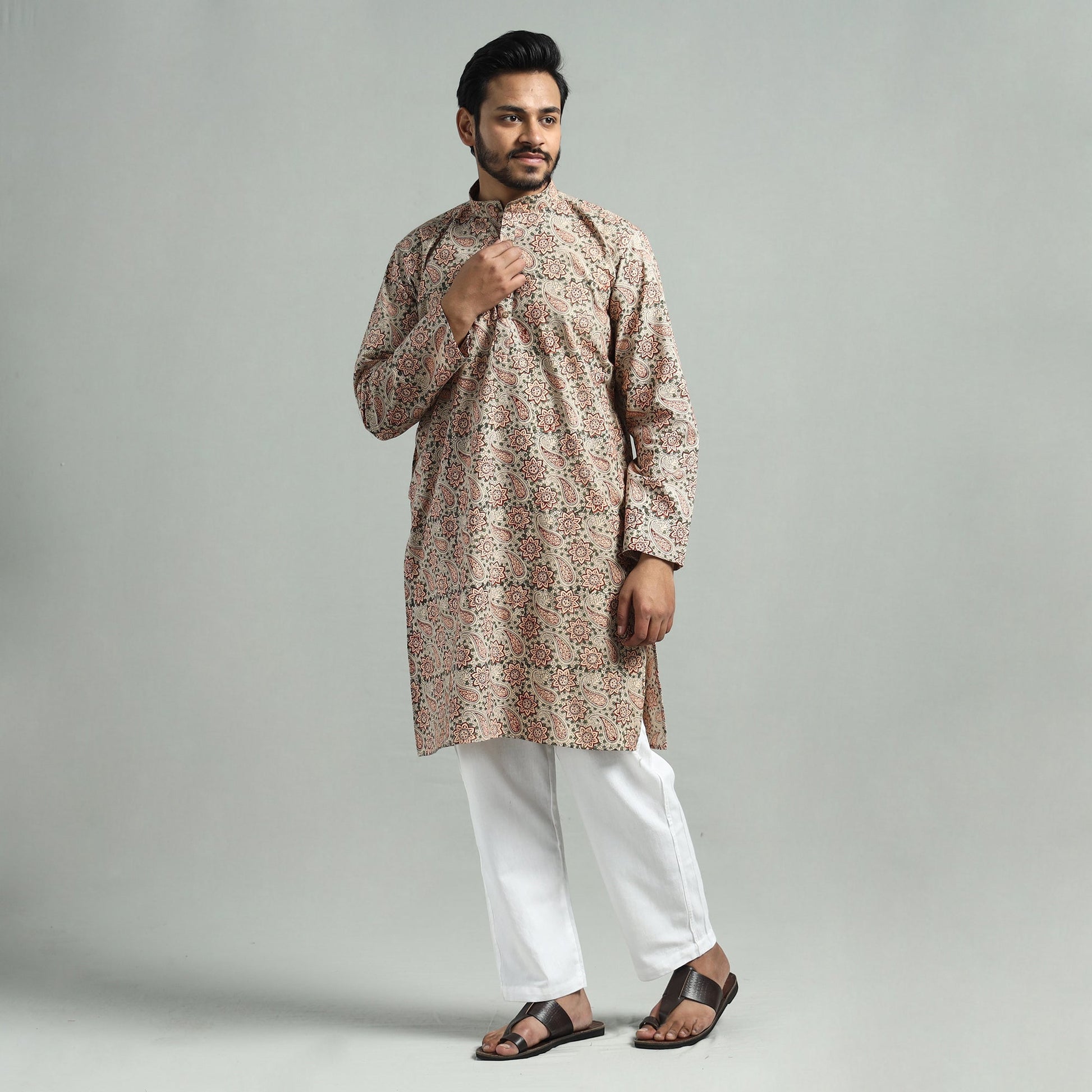 Beige - Kalamkari Block Printed Cotton Men Long Kurta