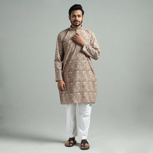 Beige - Kalamkari Block Printed Cotton Men Long Kurta