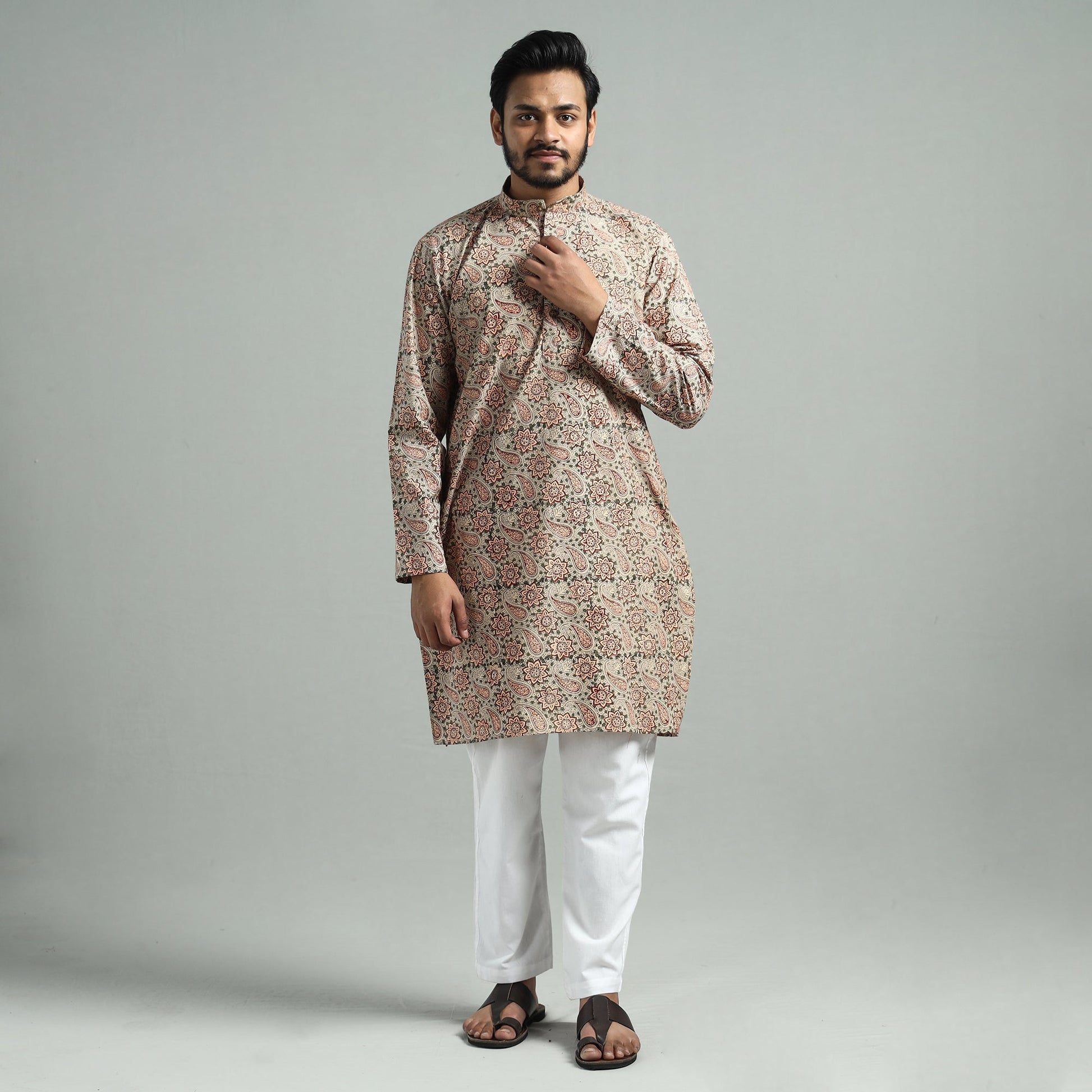 Beige - Kalamkari Block Printed Cotton Men Long Kurta