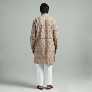 Beige - Kalamkari Block Printed Cotton Men Long Kurta