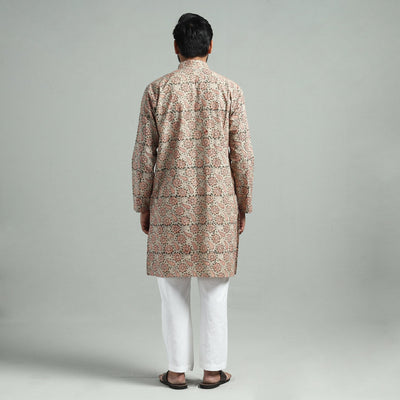 Beige - Kalamkari Block Printed Cotton Men Long Kurta