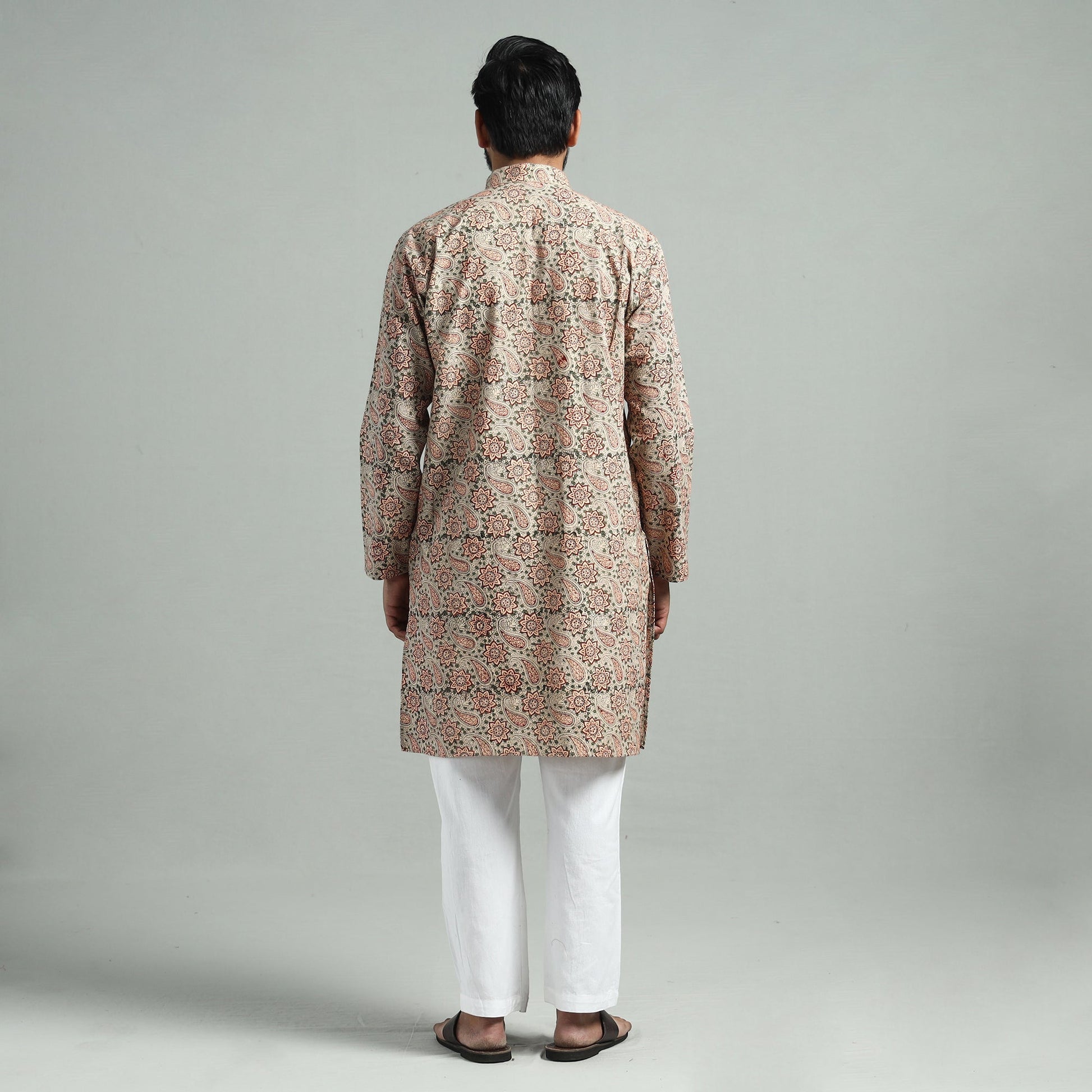 Beige - Kalamkari Block Printed Cotton Men Long Kurta