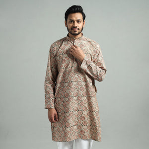 Beige - Kalamkari Block Printed Cotton Men Long Kurta
