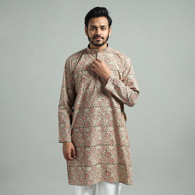 Beige - Kalamkari Block Printed Cotton Men Long Kurta