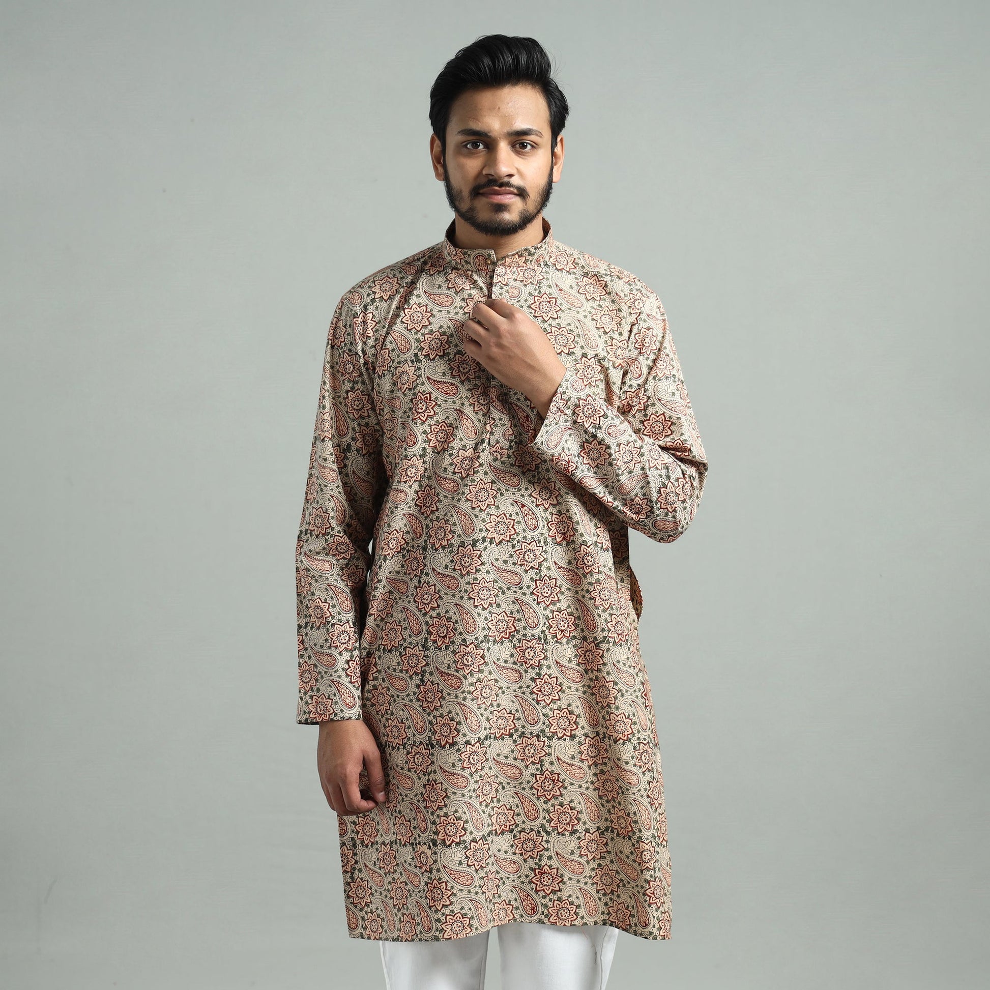 Beige - Kalamkari Block Printed Cotton Men Long Kurta