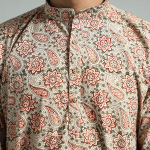 Beige - Kalamkari Block Printed Cotton Men Long Kurta