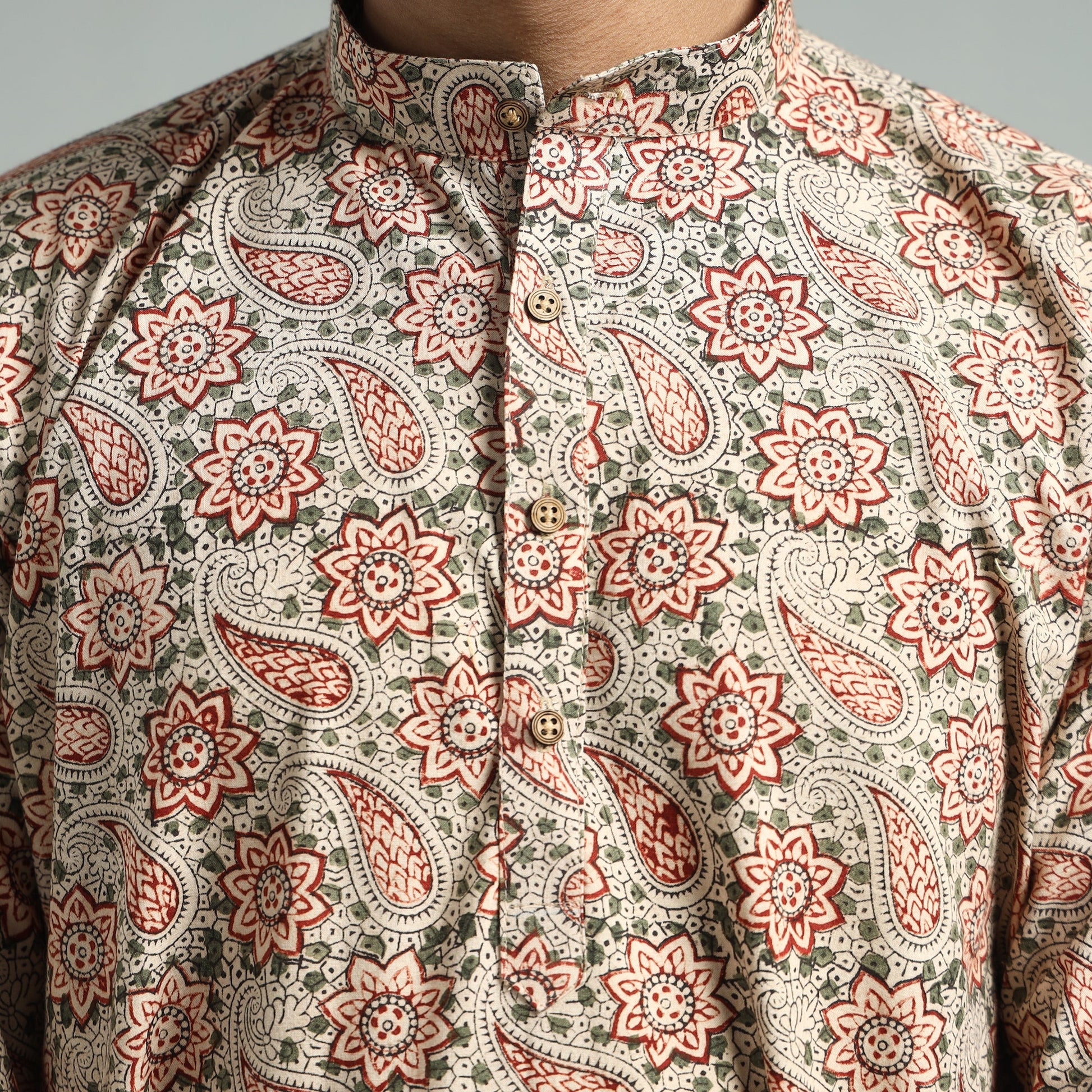 Beige - Kalamkari Block Printed Cotton Men Long Kurta