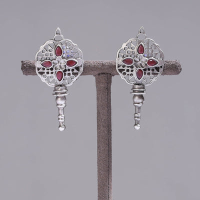 Antique Silver Finish Oxidised Brass Base Stone Work Stud Earrings