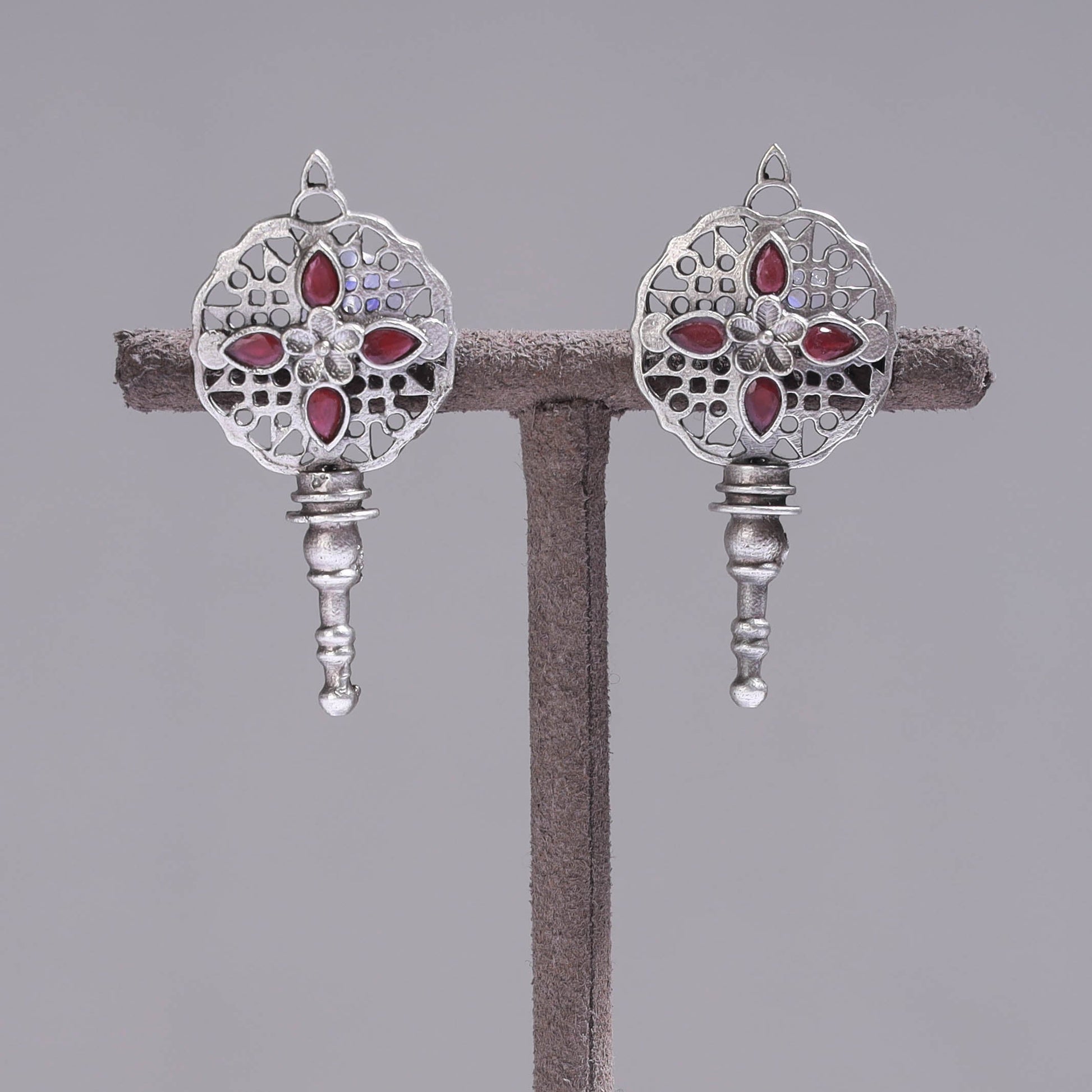Antique Silver Finish Oxidised Brass Base Stone Work Stud Earrings