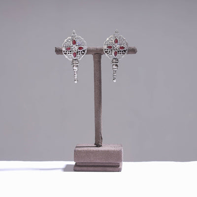 Antique Silver Finish Oxidised Brass Base Stone Work Stud Earrings