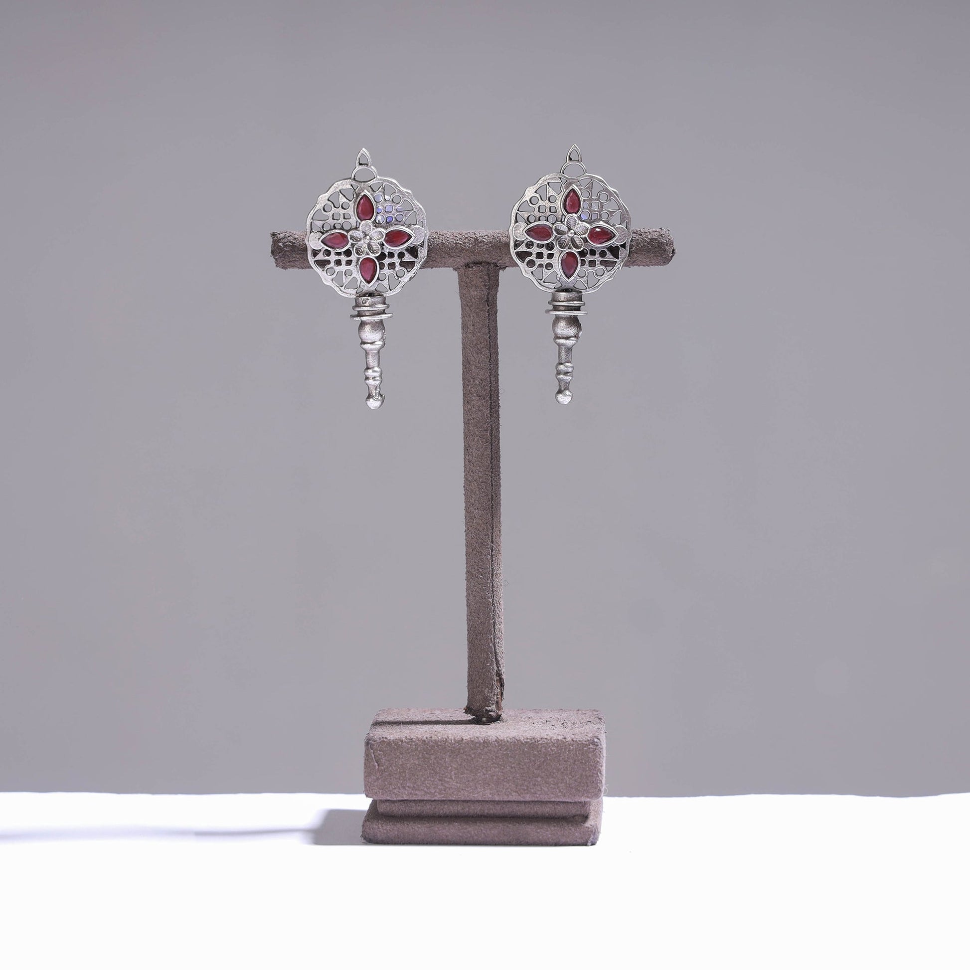 Antique Silver Finish Oxidised Brass Base Stone Work Stud Earrings