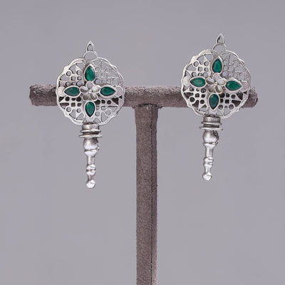 Antique Silver Finish Oxidised Brass Base Stone Work Stud Earrings