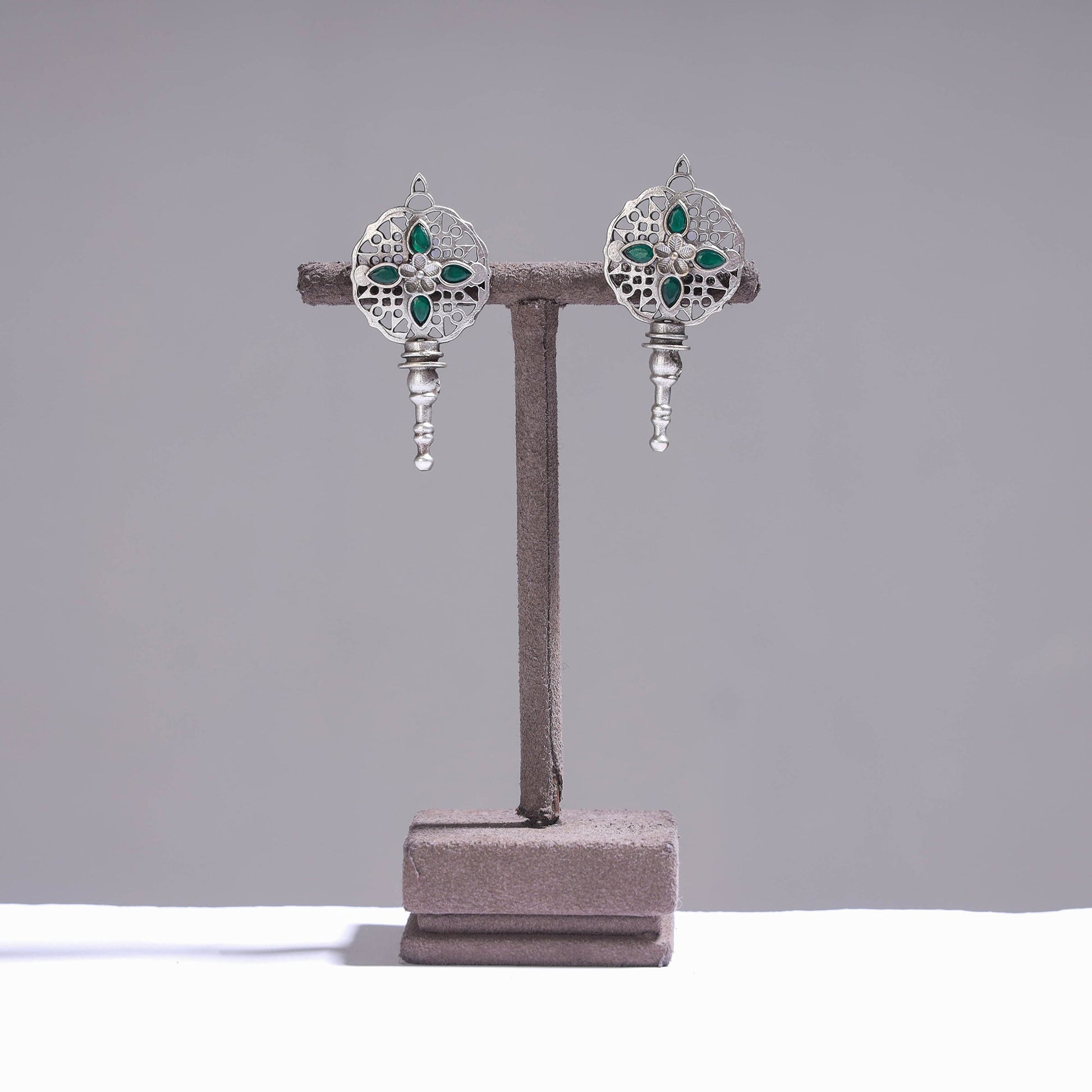 Antique Silver Finish Oxidised Brass Base Stone Work Stud Earrings