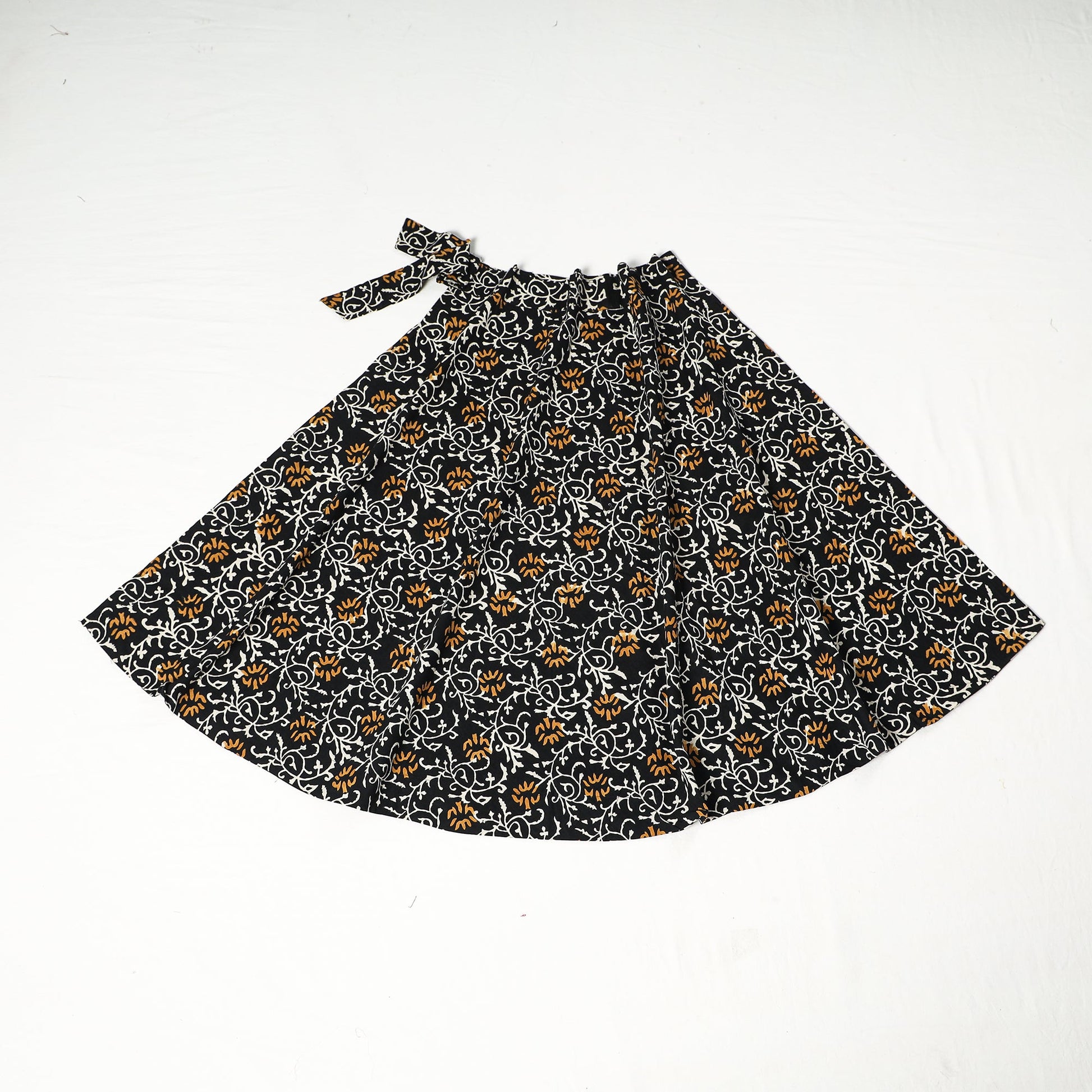 Black - Sanganeri Block Printed Cotton Wrap Around Skirt