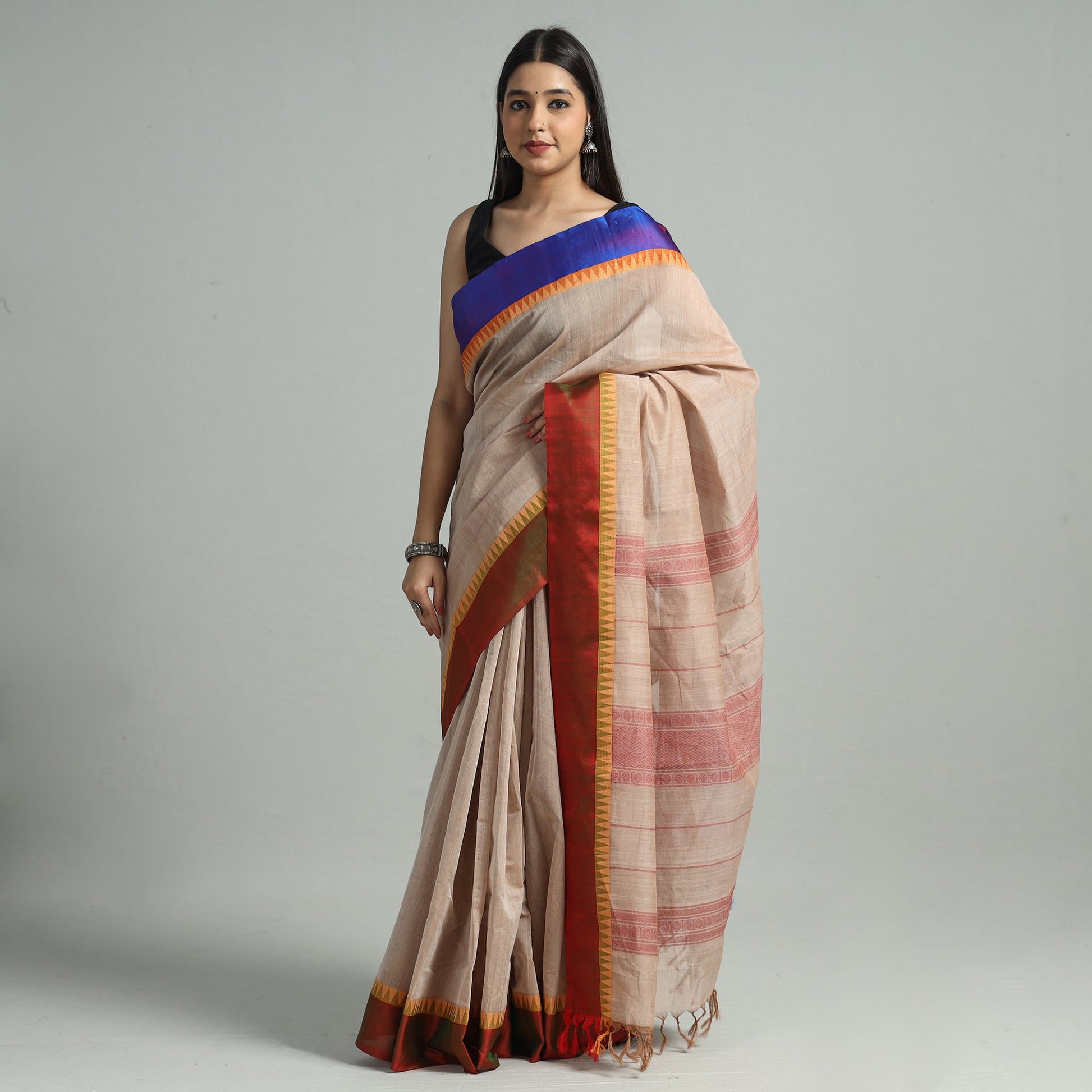 Beige - Handloom Mercerised Cotton Kanchipuram Saree 13