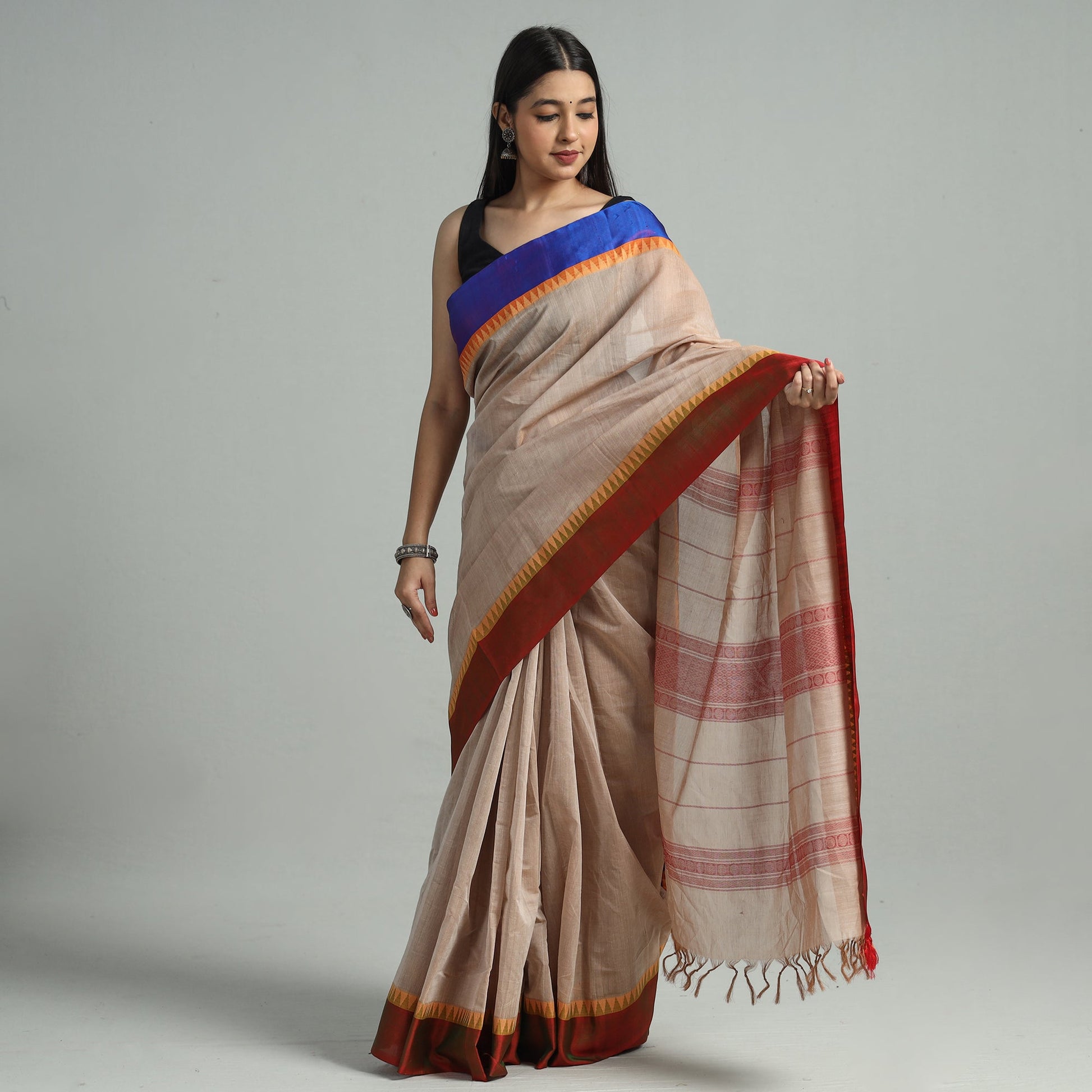 Beige - Handloom Mercerised Cotton Kanchipuram Saree 13