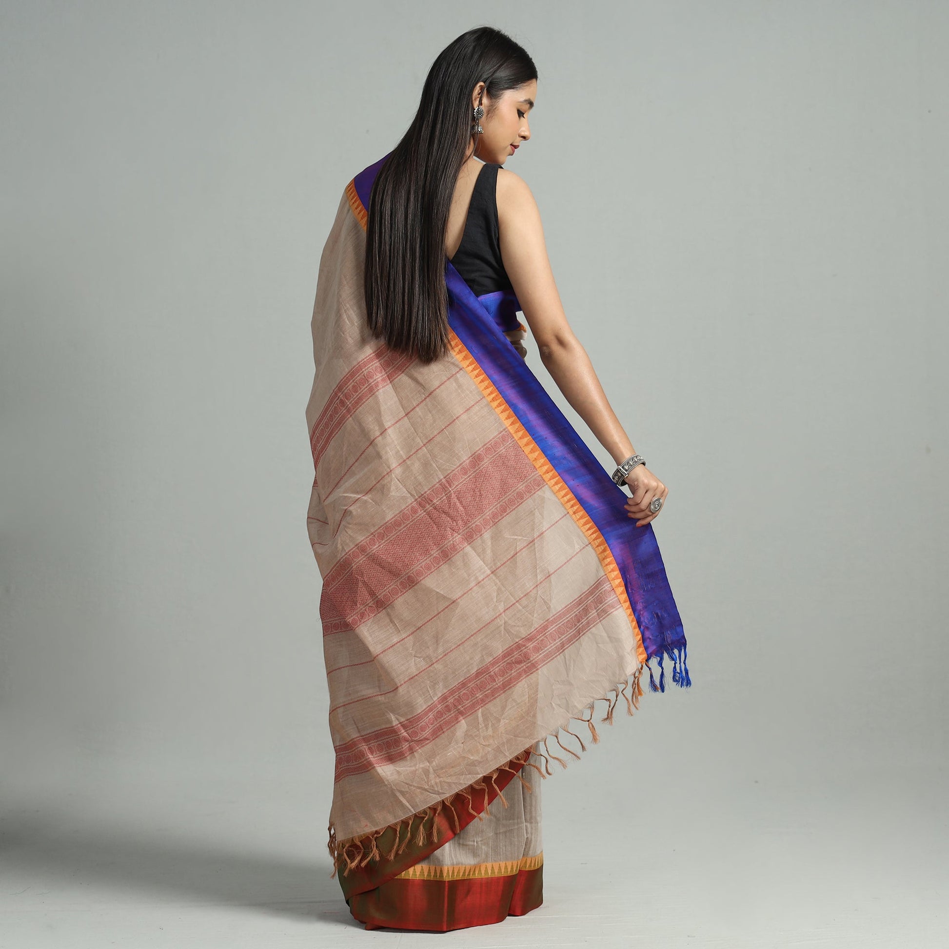 Beige - Handloom Mercerised Cotton Kanchipuram Saree 13