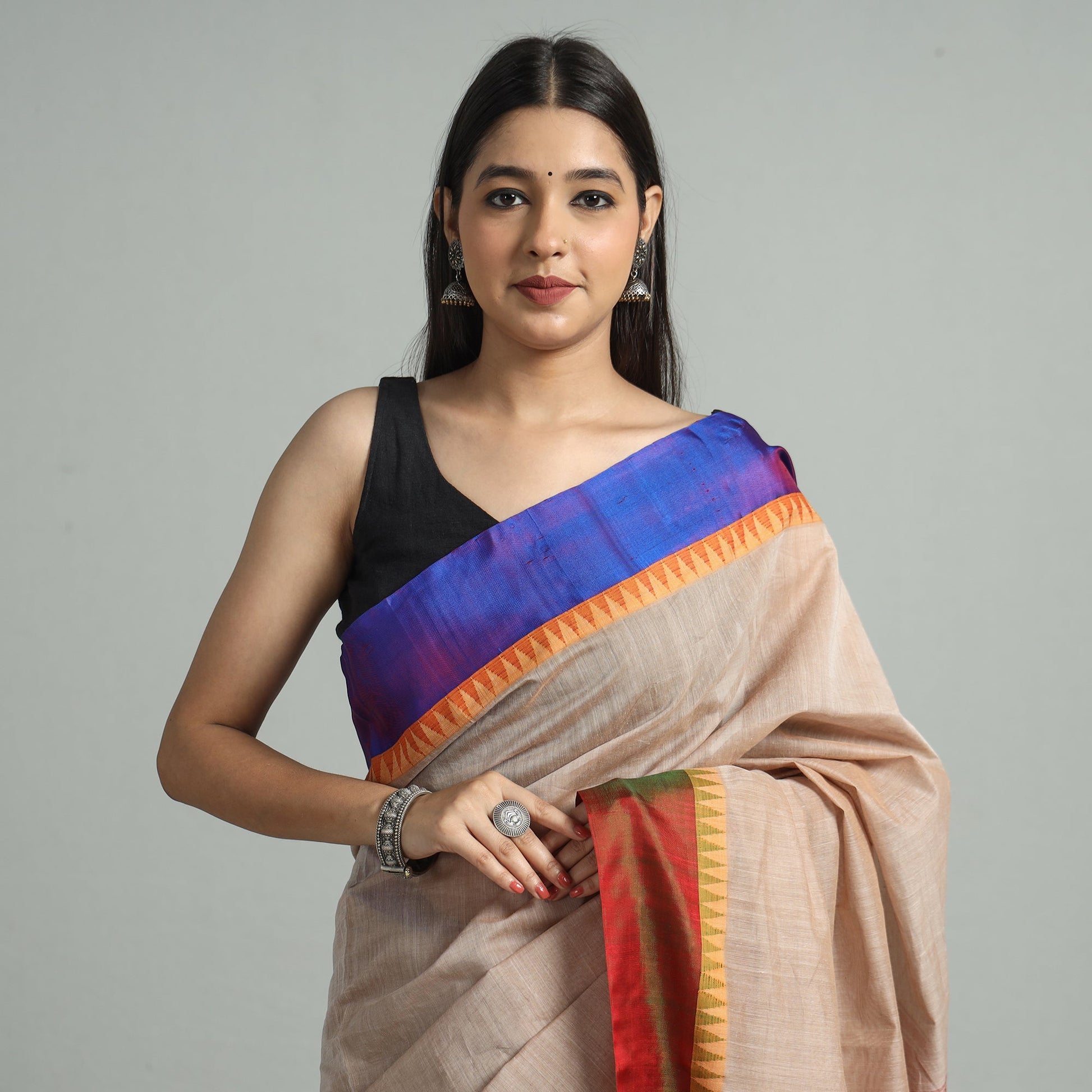 Beige - Handloom Mercerised Cotton Kanchipuram Saree 13