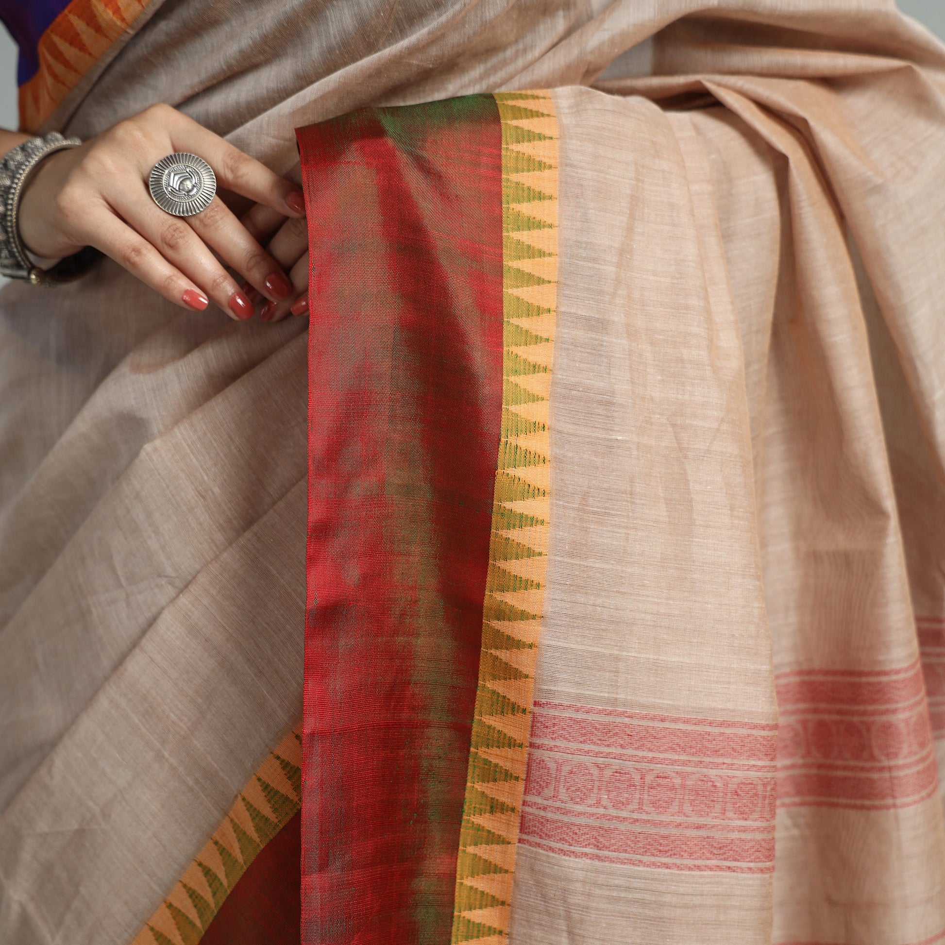 Beige - Handloom Mercerised Cotton Kanchipuram Saree 13