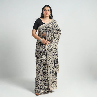 Black - Printed Cotton Kalamkari Saree with Blouse Piece 02