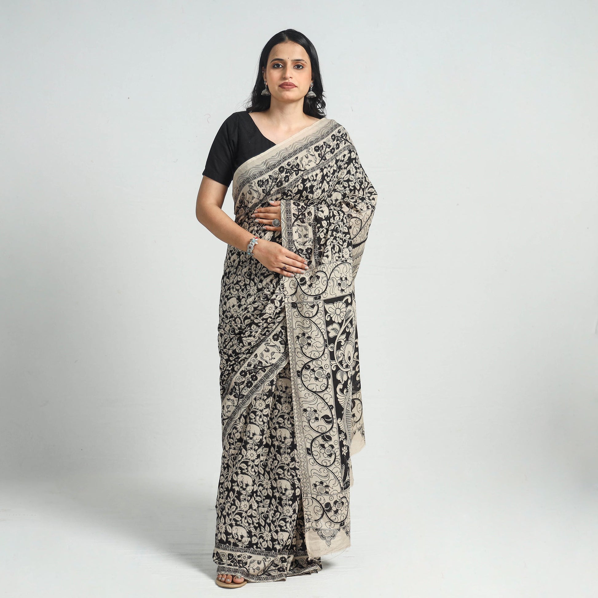Black - Printed Cotton Kalamkari Saree with Blouse Piece 02