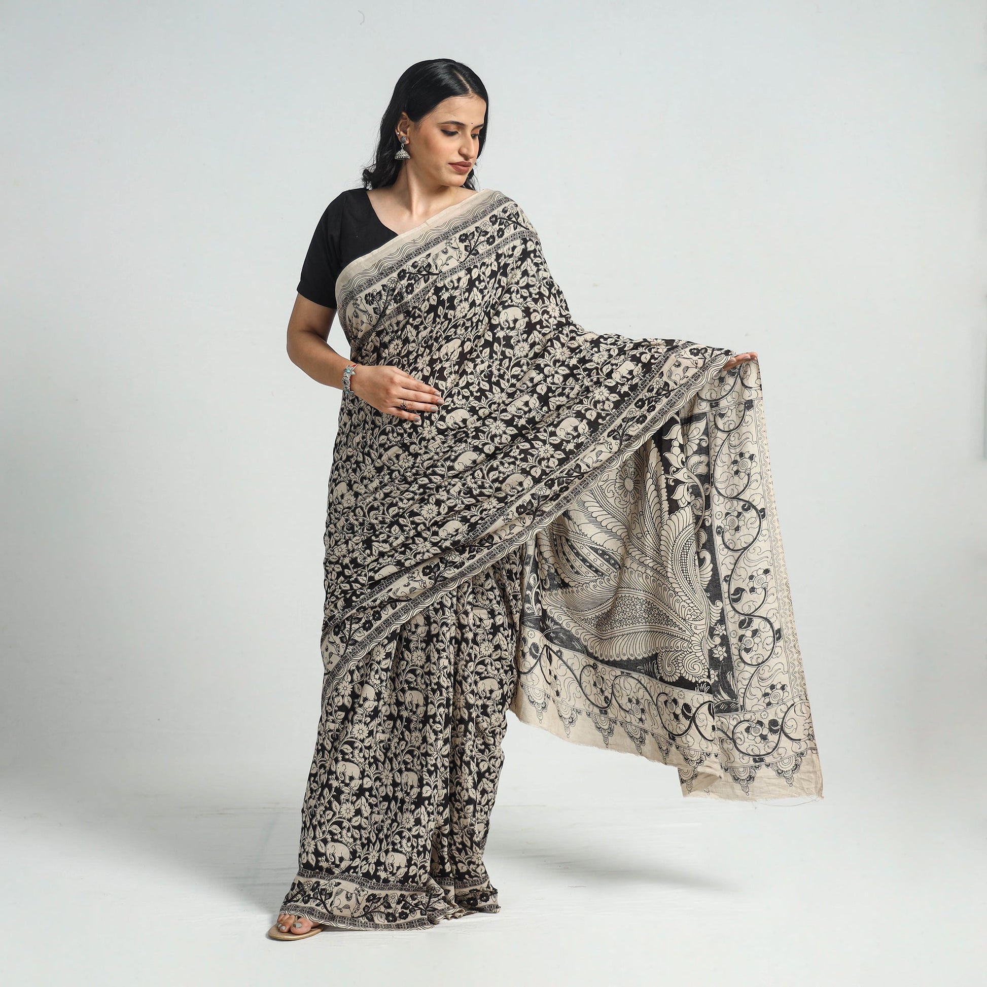 Black - Printed Cotton Kalamkari Saree with Blouse Piece 02