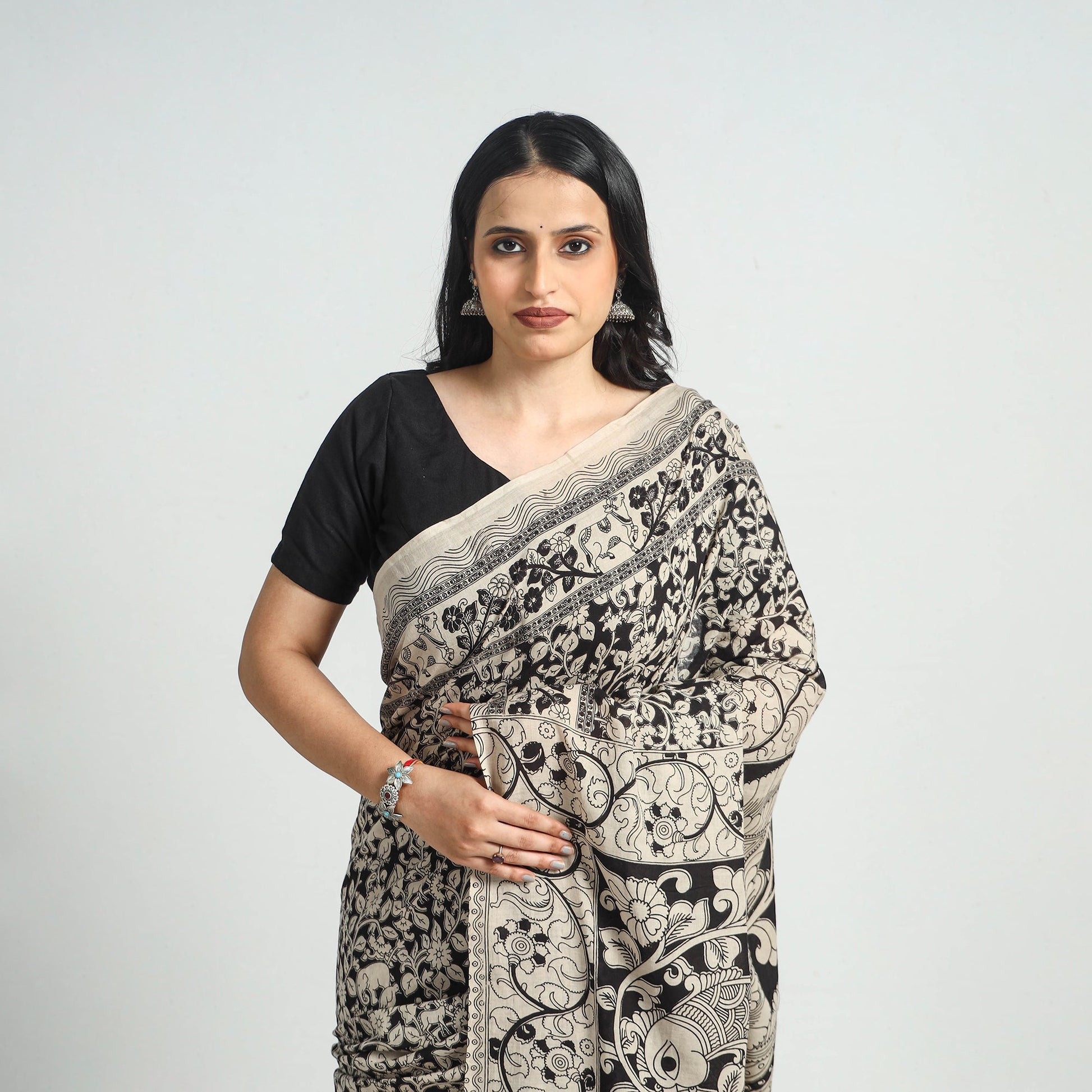 Black - Printed Cotton Kalamkari Saree with Blouse Piece 02