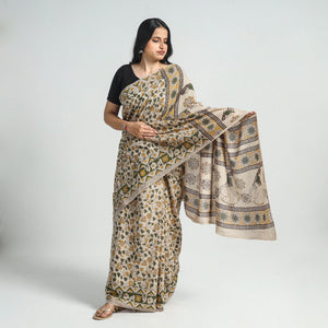 Beige - Printed Cotton Kalamkari Saree with Blouse Piece 07