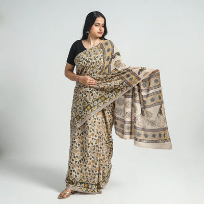 Beige - Printed Cotton Kalamkari Saree with Blouse Piece 07