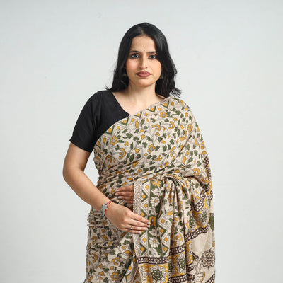 Beige - Printed Cotton Kalamkari Saree with Blouse Piece 07