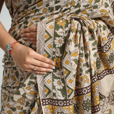 Beige - Printed Cotton Kalamkari Saree with Blouse Piece 07